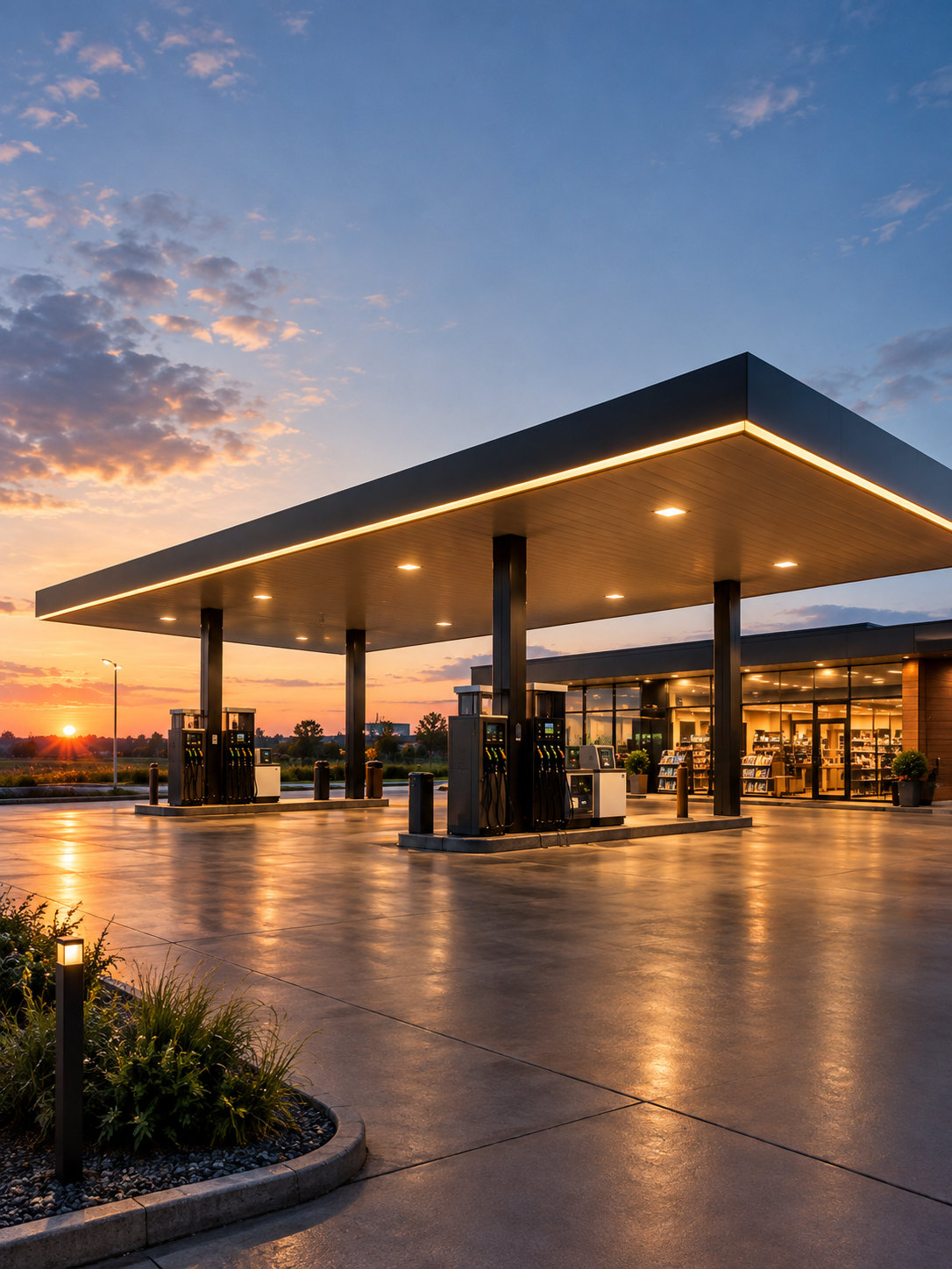 Moderne Tankstelle bei Sonnenuntergang mit beleuchtetem Dach und Zapfsäulen